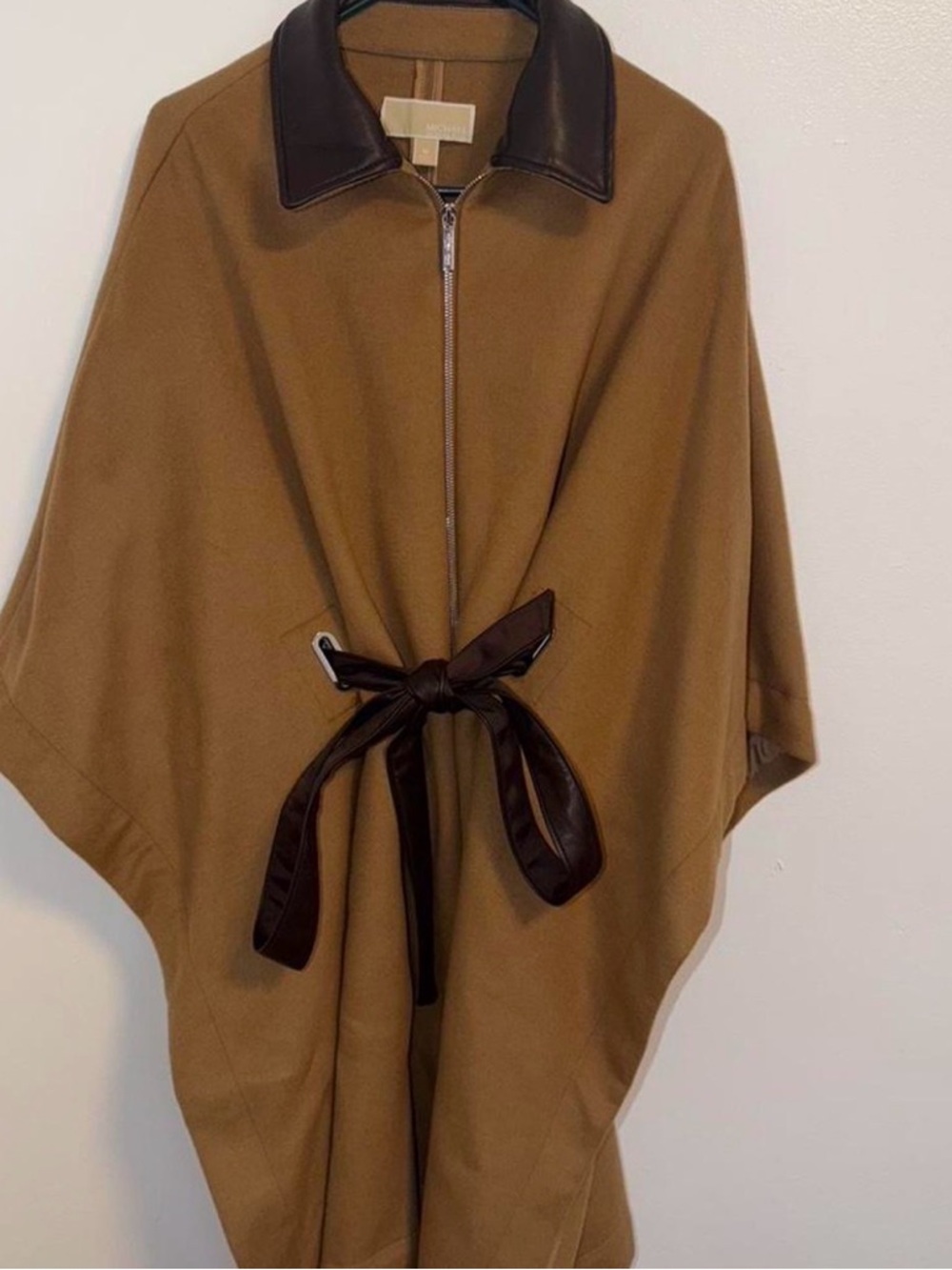 Women's Camel Wool-Blend Cape Coat with Brown Trim
